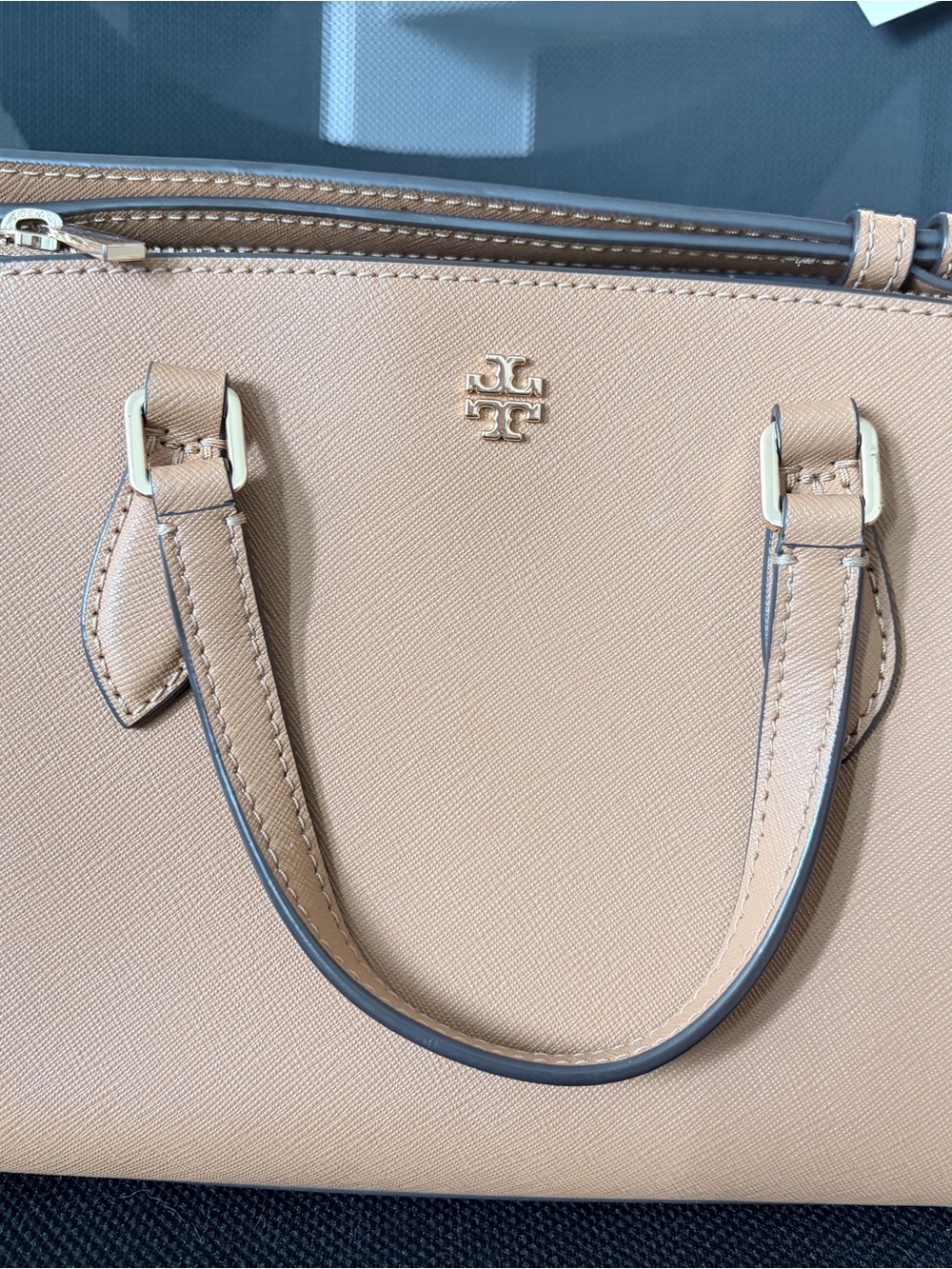 Tory Burch Tan Saffiano Leather Satchel with Gold Logo